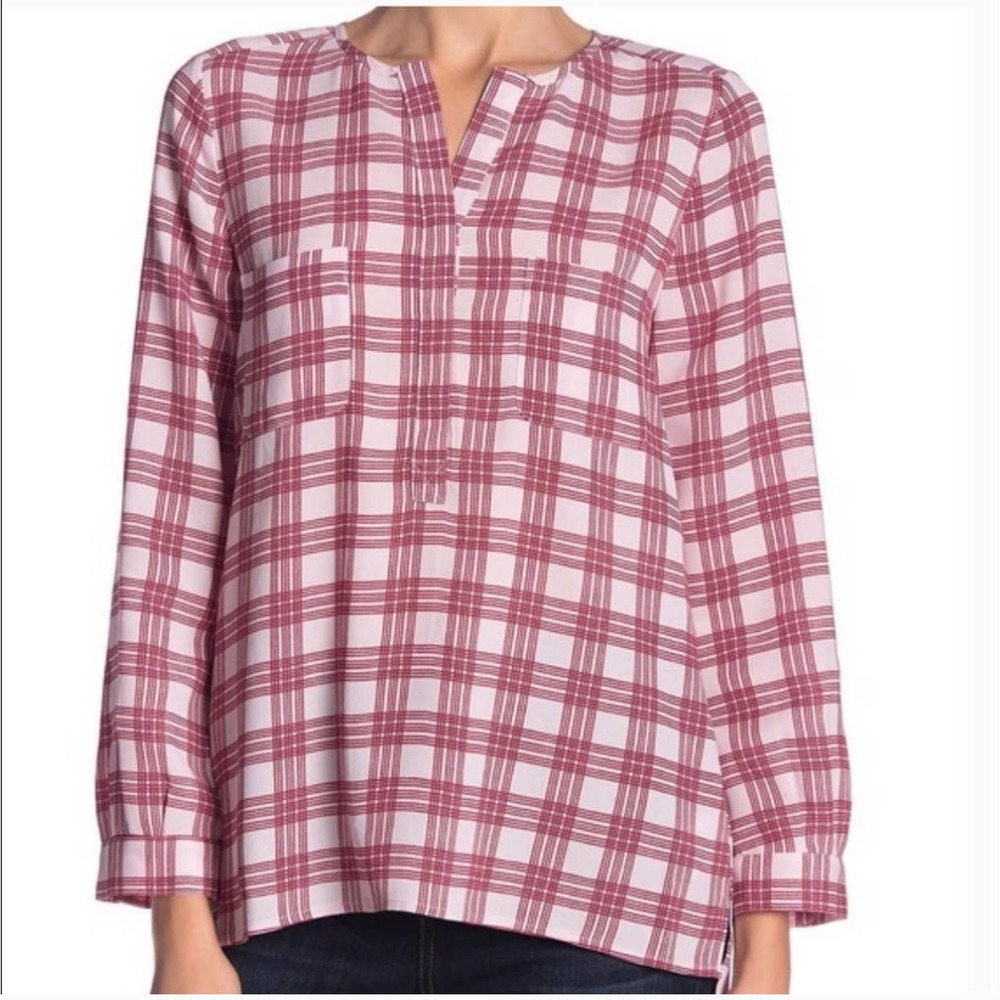 Joie Nepal Windowpane Plaid Split Neck Pink Blouse